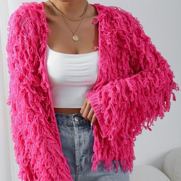Hot Pink Casual Women's Shaggy Knit Duster Cardigan - Picture 7 of 7